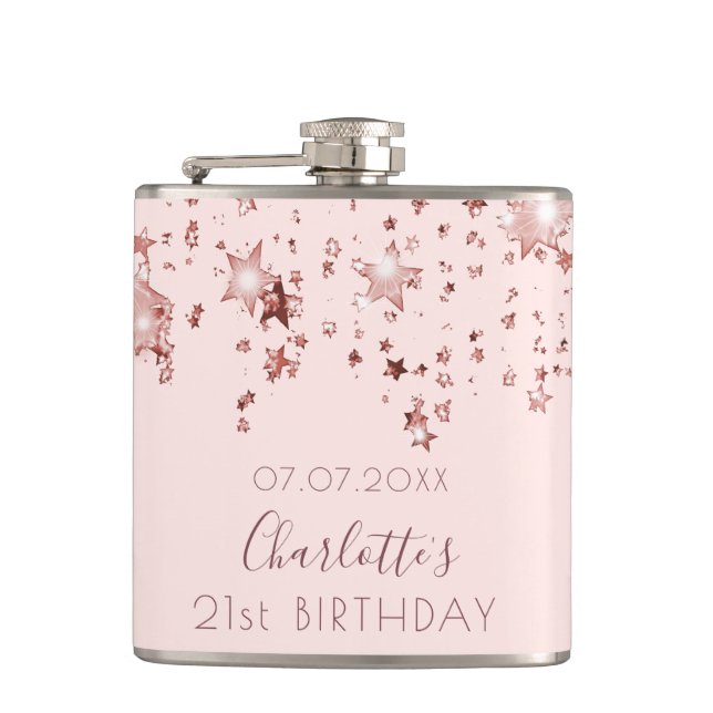 Birthday rose gold pink stars name hip flask (Front)