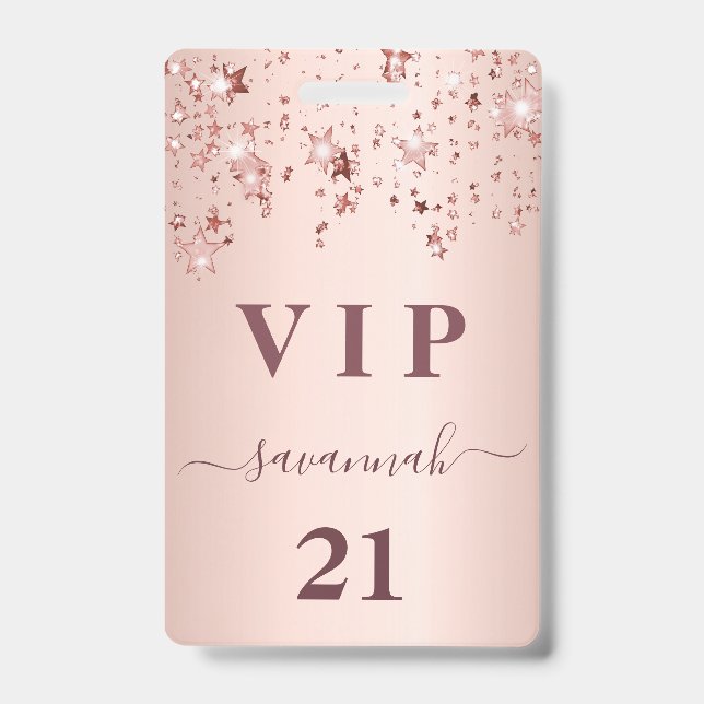Birthday rose gold pink stars vip luxury ID badge (Front)