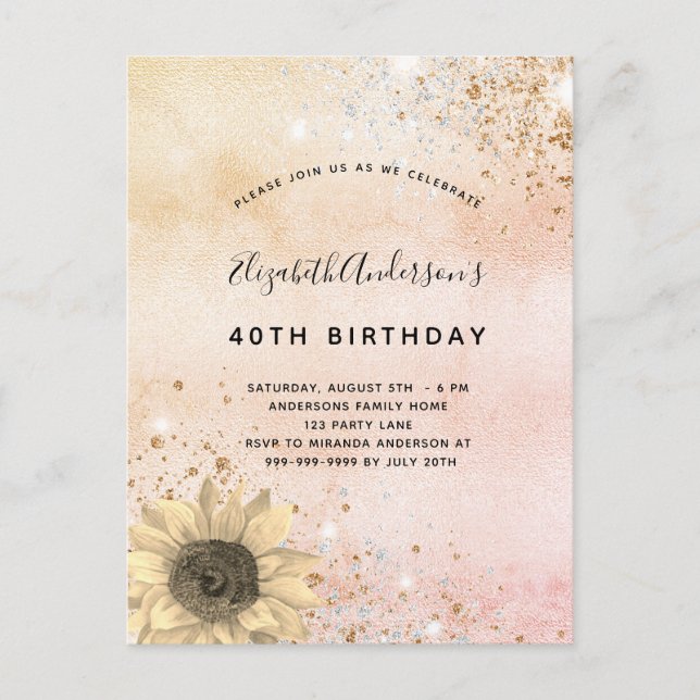 Birthday rose gold rustic sunflower glitter dust invitation postcard (Front)