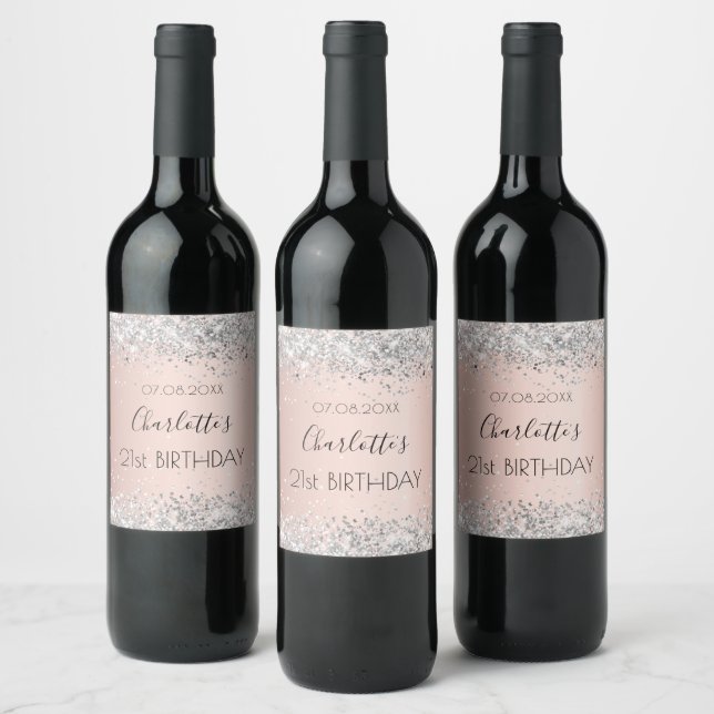 Birthday rose gold silver confetti name wine label (Bottles)