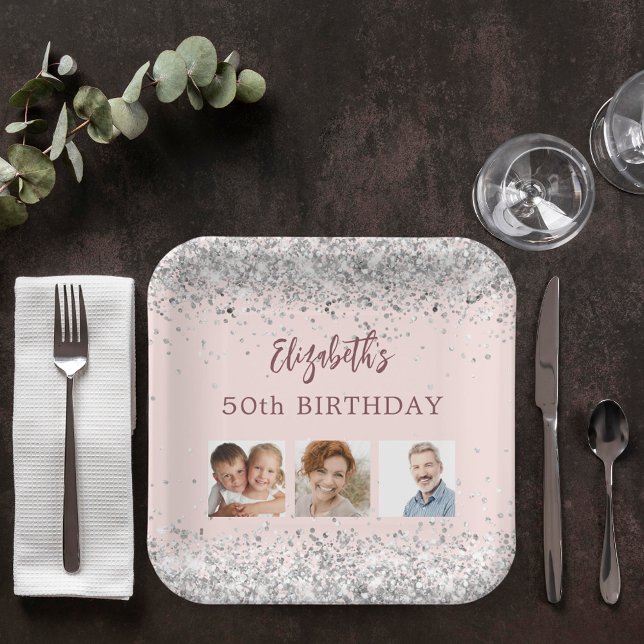 Birthday rose gold silver confetti photo paper plate (Creator Uploaded)