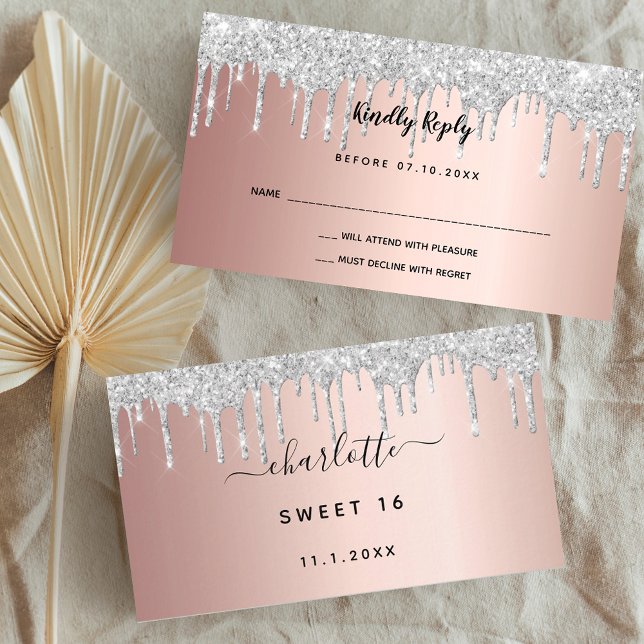 Birthday rose gold silver glitter drips party RSVP Enclosure Card (Creator Uploaded)