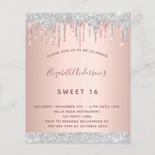 Birthday rose gold silver glitter invitation (Front)