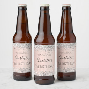 Birthday rose gold silver glitter name elegant beer bottle label