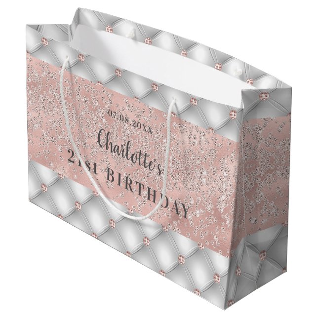 Birthday rose gold silver glitter name glamourous large gift bag (Back Angled)