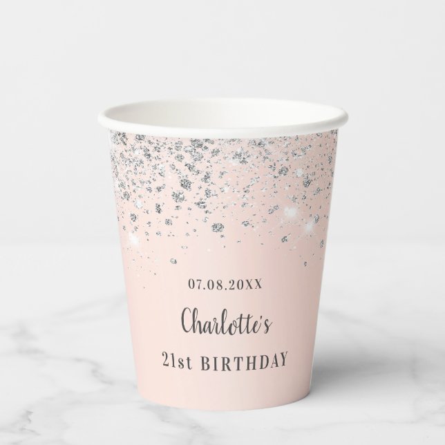 Birthday rose gold silver glitter name paper cups (Back)
