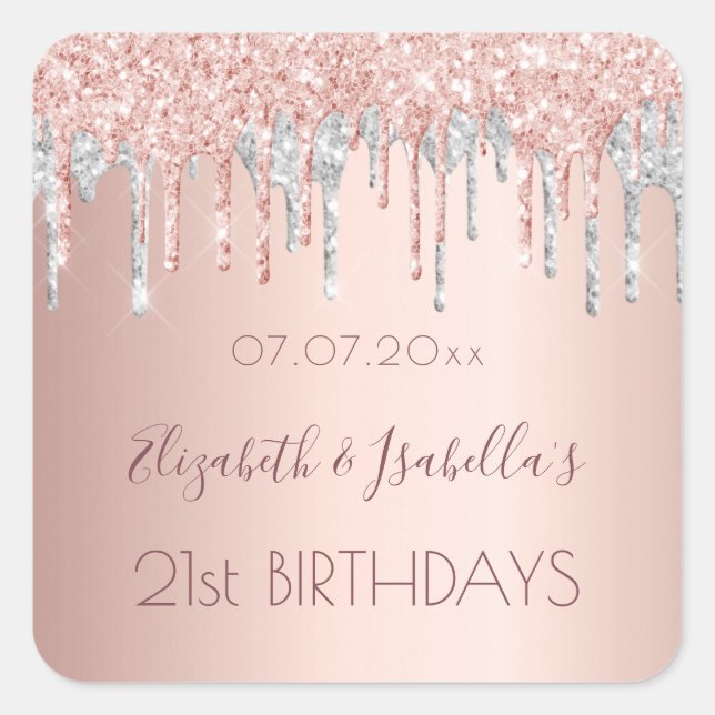 Birthday rose gold silver glitter two 2 persons square sticker (Front)