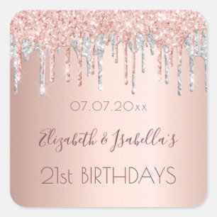 Birthday rose gold silver glitter two 2 persons square sticker