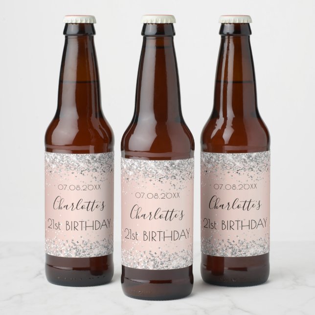 Birthday rose gold silver name elegant beer bottle label (Bottles)