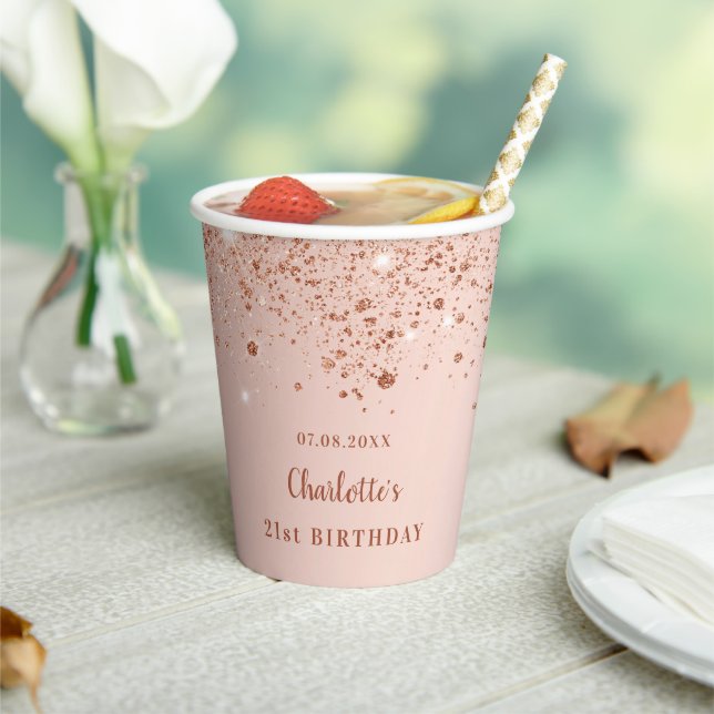 Birthday rose gold sparkles monogram paper cups (Insitu)