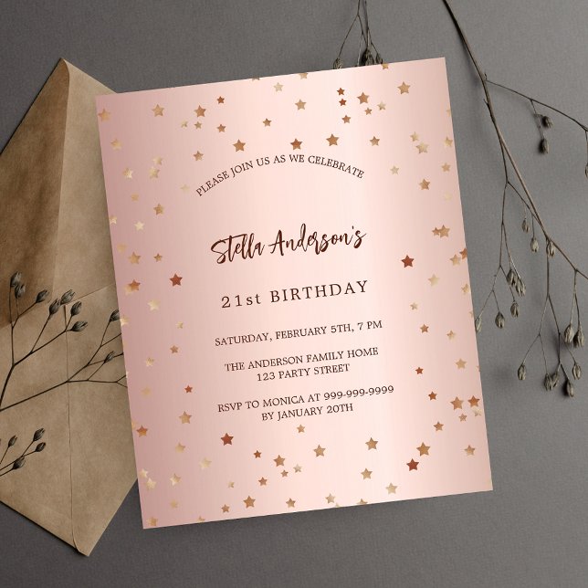Birthday rose gold stars budget party invitation (Creator Uploaded)