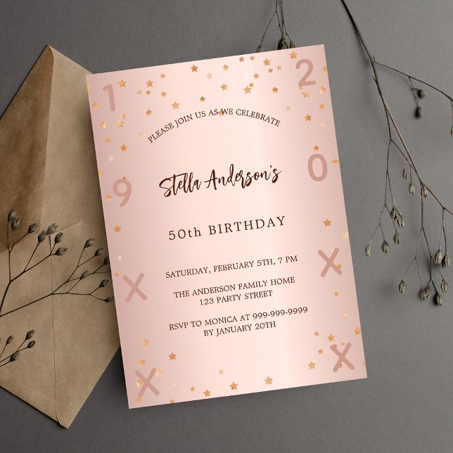 Birthday rose gold stars elegant invitation postcard (Creator Uploaded)