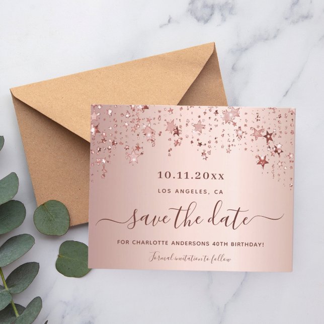 Birthday rose gold stars save the date card (Creator Uploaded)