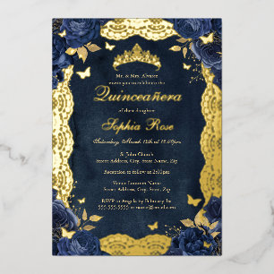 Birthday Rose Lace Butterfly Gold Navy Quinceanera