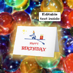 Birthday rower bringing gift card<br><div class="desc">This card depicts a single rower wearing a party hat and carrying a gift in the boat. There are three yellow stars in the background and the greeting in red on the front is "HAPPY BIRTHDAY". Inside, there is a further starry parcel. The message is ready to personalize, and reads...</div>