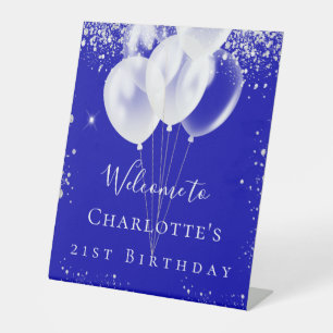 Birthday roya blue silver glitter balloons welcome pedestal sign