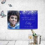 Birthday royal blue glitter custom photo welcome banner<br><div class="desc">Celebrating a 21st (or any age) milestone birthday for a girl/woman. A royal blue background. Decorated with faux glitter dust. Personalise and add your own photo of the birthday girl. Use a vertical/portrait size photo. The text: The name is written with a modern hand lettered style script. Personalise and add...</div>