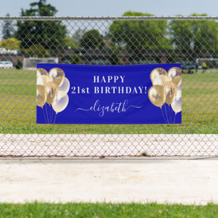 Birthday royal blue gold balloons name script banner