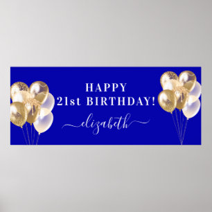Birthday royal blue gold balloons name script poster