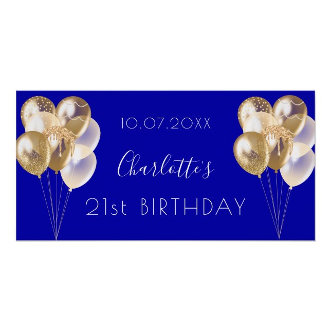 Birthday royal blue gold balloons party poster (Front)