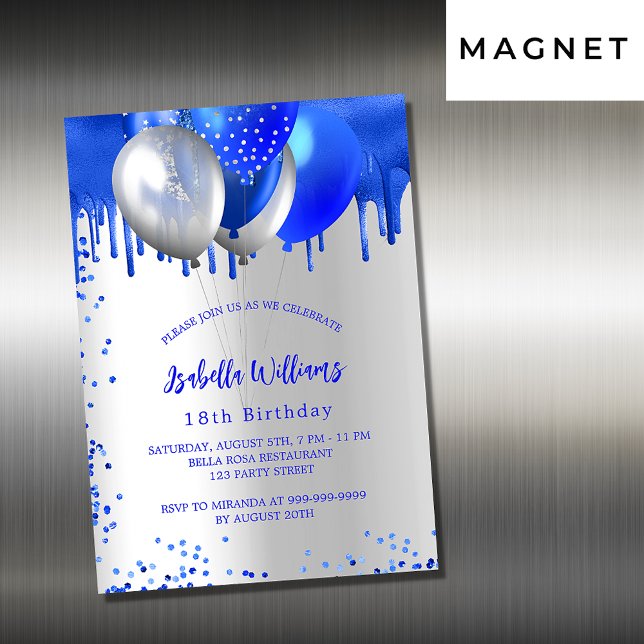 Birthday royal blue silver balloons luxury magnetic invitation (Creator Uploaded)