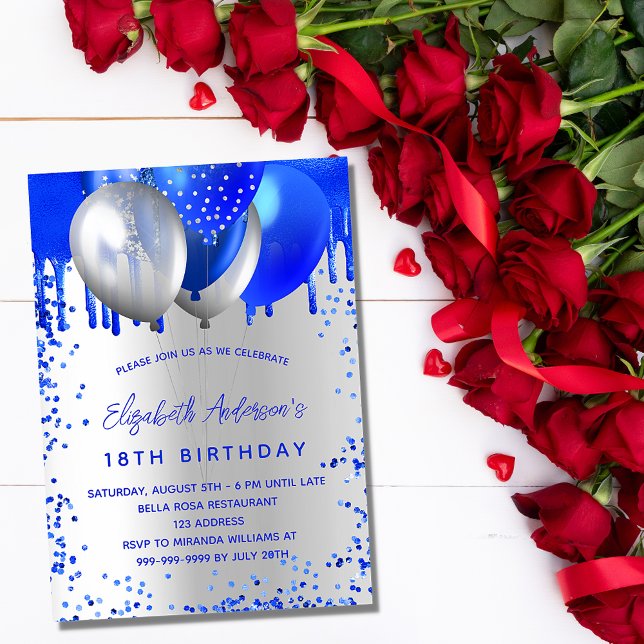 Birthday royal blue silver balloons sparkles invitation postcard (Creator Uploaded)