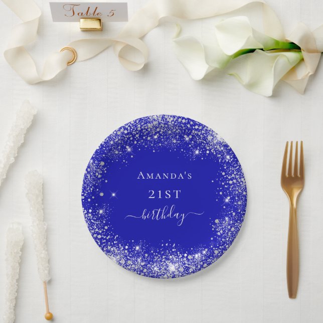 Birthday royal blue silver glitter dust monogram paper plate (Wedding)
