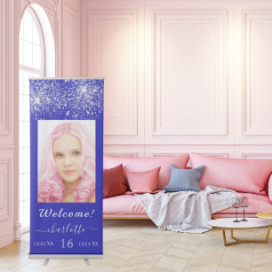 Birthday royal blue silver glitter dust photo  retractable banner