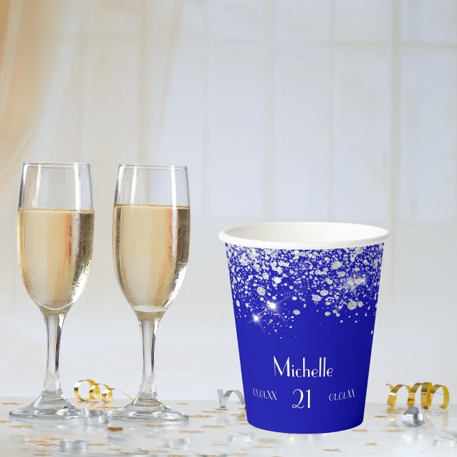 Birthday royal blue silver glitter monogram paper cups (Creator Uploaded)