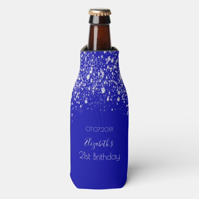 Birthday royal blue silver glitter name bottle cooler (Bottle Front)