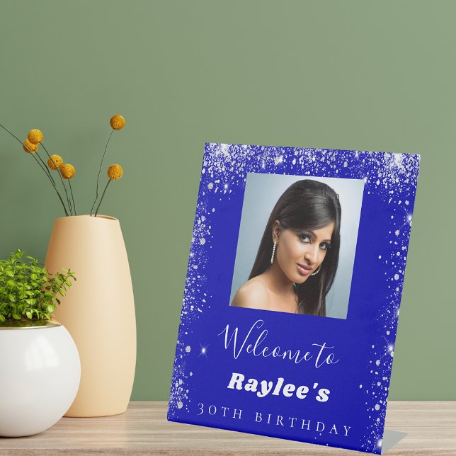 Birthday royal blue silver glitter photo welcome pedestal sign (Creator Uploaded)