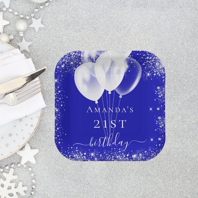 Birthday royal blue silver glitter white balloons paper plate (Creator Uploaded)