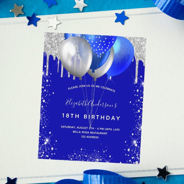 Birthday royal blue silver invitation (Creator Uploaded)