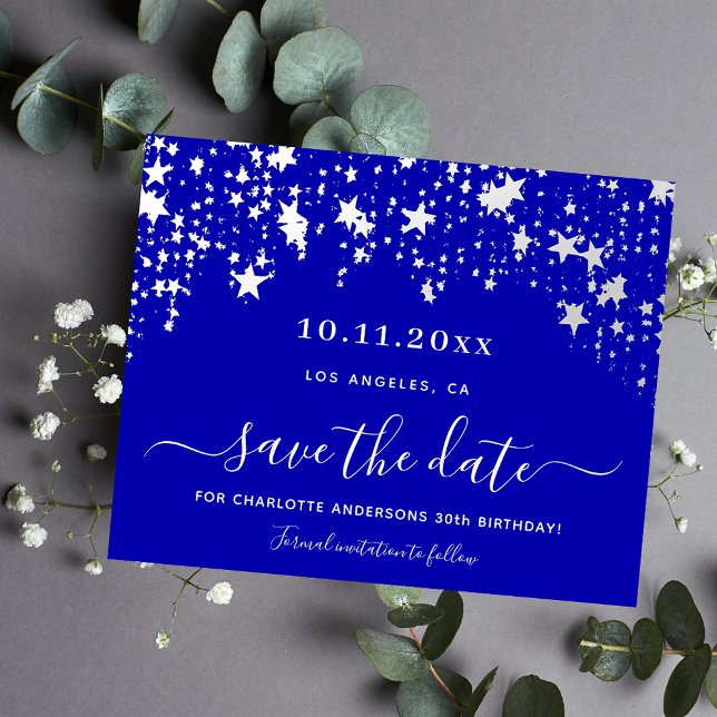 Birthday royal blue stars budget Save the Date Flyer (Creator Uploaded)