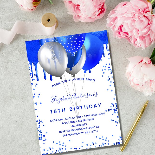 Birthday royal blue white balloons invitation postcard (Creator Uploaded)