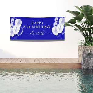 Birthday royal blue white balloons name script banner