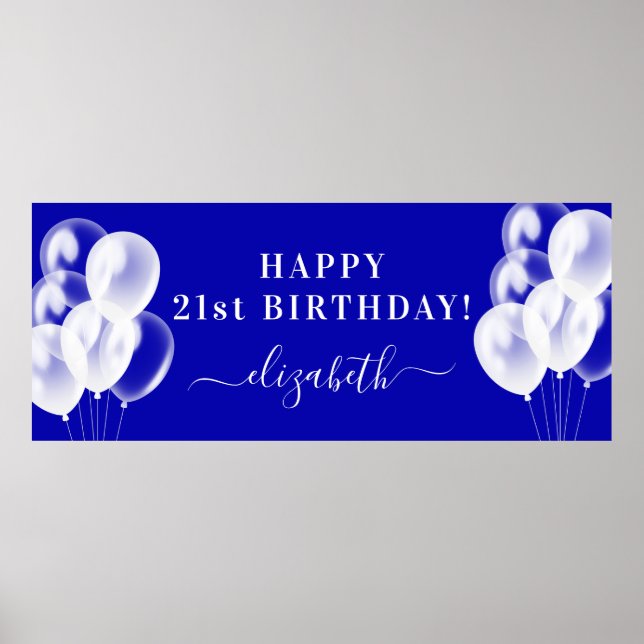Birthday royal blue white balloons name script poster (Front)