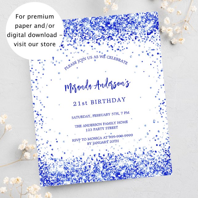 Birthday royal blue white budget invitation (Creator Uploaded)
