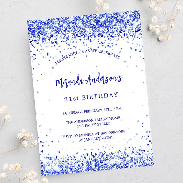 Birthday royal blue white elegant invitation postcard (Creator Uploaded)
