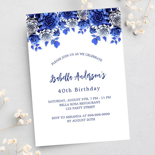 Birthday royal blue white flowers invitation postcard (Creator Uploaded)