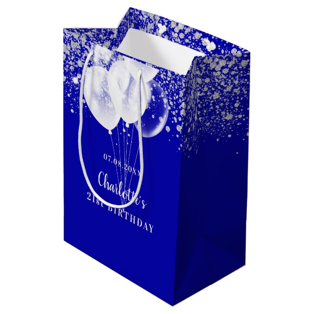 Birthday royal blue white glitter balloons name medium gift bag (Back Angled)