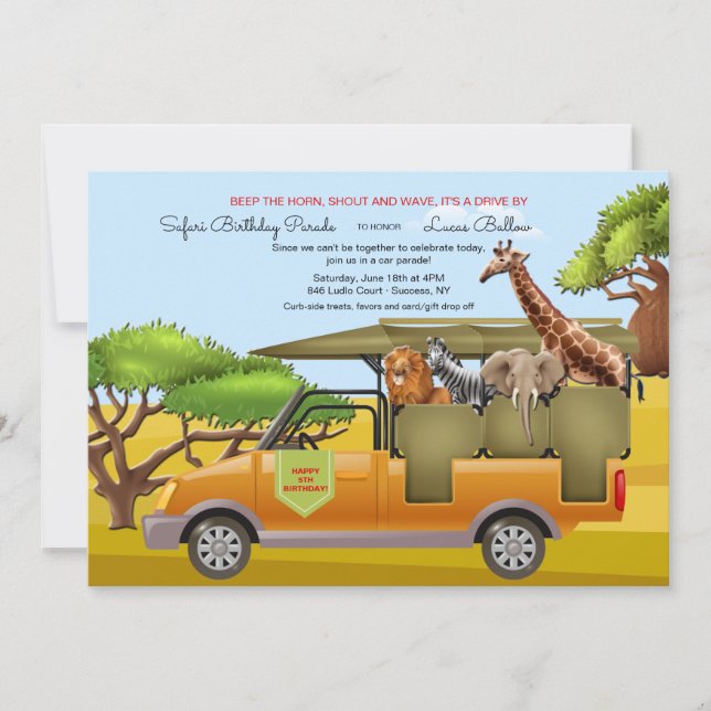 Birthday Safari Drive By Invitation (Front)
