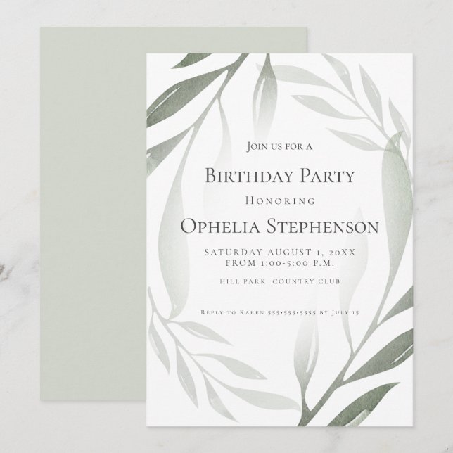 Birthday  | Sage Green Olive Branch Watercolor Invitation (Front/Back)