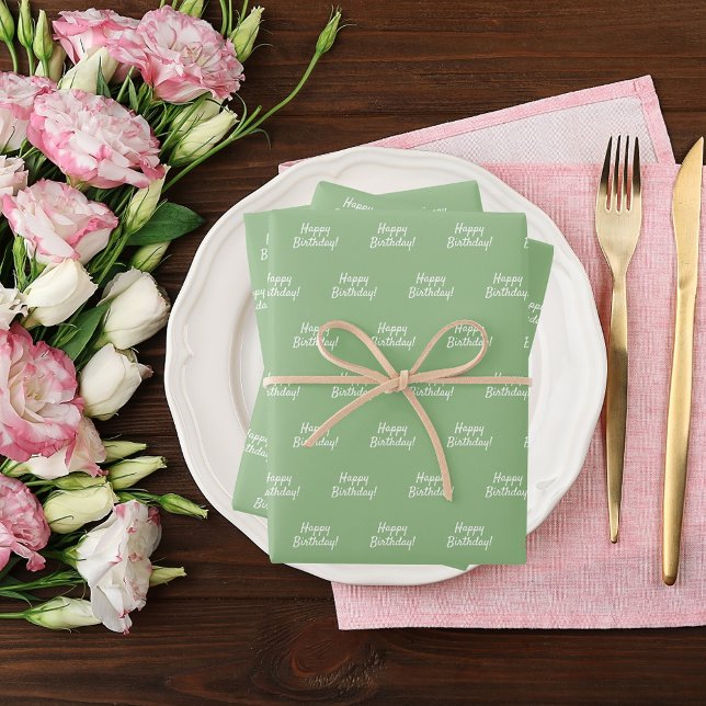 Birthday sage green white wrapping paper sheet (Creator Uploaded)