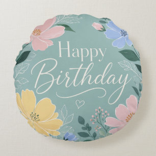 Birthday Sage Green Wildflower Watercolor Round Cushion