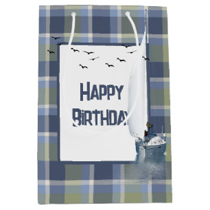 Birthday Sailboat On Plaid Medium Gift Bag