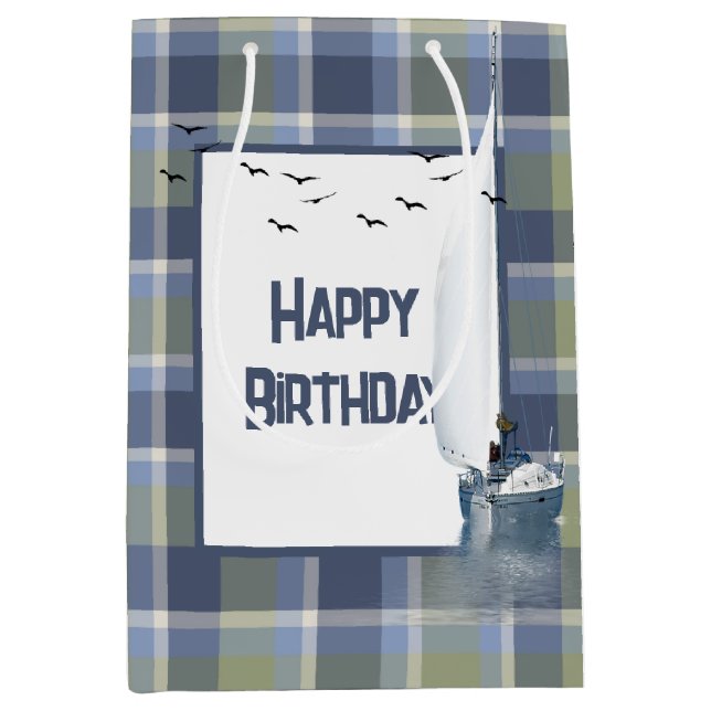 Birthday Sailboat On Plaid Medium Gift Bag (Front)