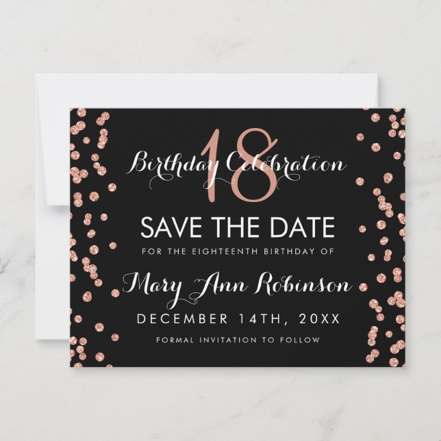 Birthday Save Date Rose Gold Glitter Confetti Save The Date (Front)