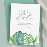 Birthday Save The Date Cards Tropical Theme<br><div class="desc">These birthday save the date cards feature a bottom boarder of lush watercolor tropical palm leaves. The words "Save the Date" are typeset in charcoal grey over a crisp white background. Use the template fields to add you custom details. The card reverses to a matching turquoise blue colour. Can be...</div>