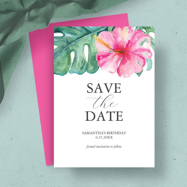 Birthday Save The Date Cards Tropical Theme (Beautiful wedding announcements tropical watercolor art by Victoria Grigaliunas of Do Tell A Belle)